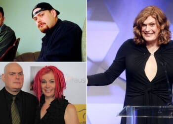 The Wachowskis, then known as brothers Andy and Larry, are pictured in 1999, top left, when "The Matrix" came out. They're seen in 2013, bottom left, after Larry declared he was transgender and took the name "Lana." At right, Andy also came out as transgender and adopted the name "Lilly" in 2016.