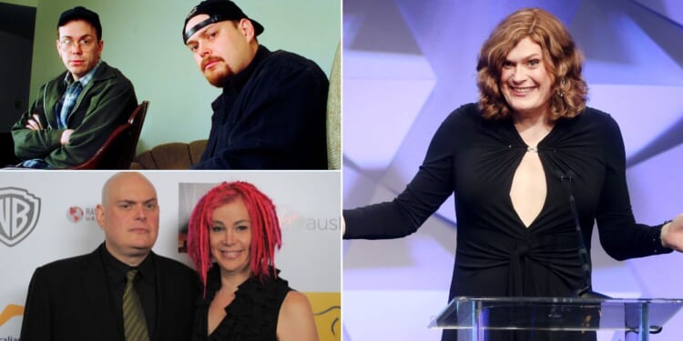 The Wachowskis, then known as brothers Andy and Larry, are pictured in 1999, top left, when "The Matrix" came out. They're seen in 2013, bottom left, after Larry declared he was transgender and took the name "Lana." At right, Andy also came out as transgender and adopted the name "Lilly" in 2016.