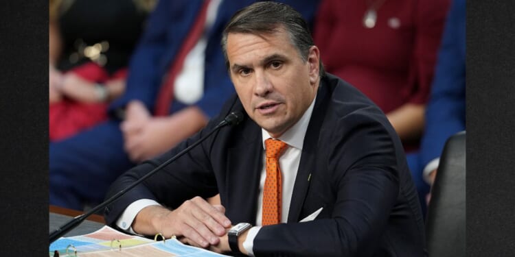 Acting Attorney General Todd Blanche is seen in a July 15 photo appearing at his confirmation hearing in front of the Senate Judiciary Committee on Capitol Hill in Washington, D.C.