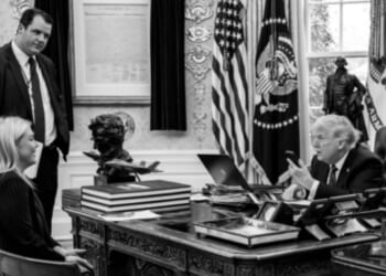 James Braid, pictured with White House press secretary Karoline Leavitt and President Donald Trump, is leaving his administration post.