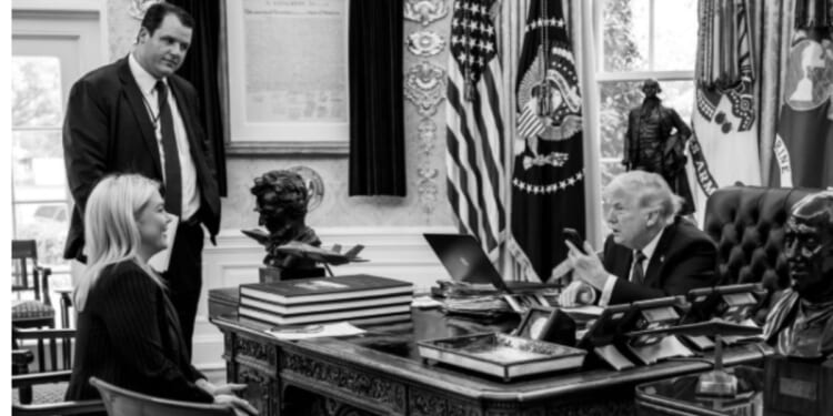 James Braid, pictured with White House press secretary Karoline Leavitt and President Donald Trump, is leaving his administration post.