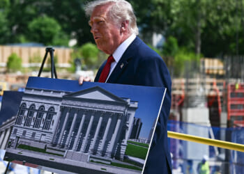 President Donald Trump speaks to the press near the construction site of his proposed ballroom at the White House in Washington, DC, on May 19, 2026. (Kent NISHIMURA / AFP / Getty Images)
