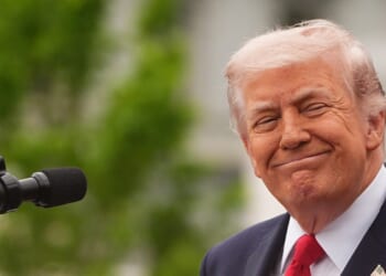 President Donald Trump speaks during the ceremonial welcome on the South Lawn of the White House on day two of the State Visit of King Charles III and Queen Camilla to the United States of America, on April 28, 2026, in Washington, D.C.
