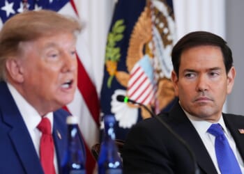 Secretary of State Marco Rubio listens as President Donald Trump speaks during a roundtable on the American mining industry at the Department of State on Aug. 7, 2026, in Washington, D.C.