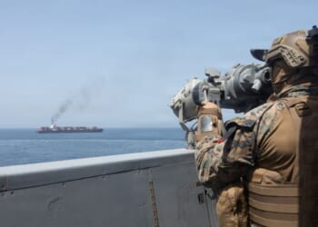 U.S. forces patrol near a naval blockade at the Strait of Hormuz on April 20, 2026.