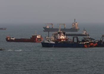 Ships anchored in the Strait of Hormuz on Aug. 10, 2026.