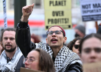 Pro-Palestinian activists are gather outside of the Federal building to protest Israeli attacks on Palestine, in San Francisco, California, United States on April 25, 2025. (Photo by Tayfun Coskun /Anadolu via Getty Images)