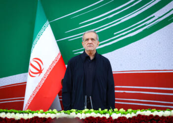 A handout photo made available by the Iranian Presidential Office shows Iran's President Masoud Pezeshkian attending a press conference in the capital Tehran, on August 8, 2026. (Iranian Presidential Office / AFP / Getty Images)