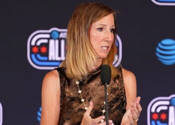 WNBA Commissioner Cathy Engelbert, seen in a July 25 photo, condemned "bad-faith efforts" of men who have put forth their names for the WNBA draft as efforts "to demean or marginalize" transgender athletes."