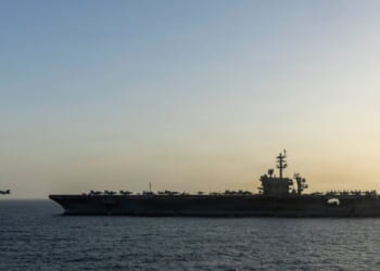 USS Abraham Lincoln conducts U.S. blockade operations related to the Strait of Hormuz on April 16, 2026, in the Arabian Sea.