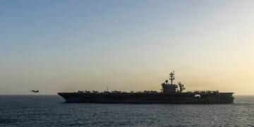 USS Abraham Lincoln conducts U.S. blockade operations related to the Strait of Hormuz on April 16, 2026, in the Arabian Sea.