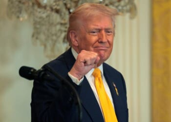 A man in a suit and yellow tie stands indoors, raising his fist and smiling slightly, with a microphone in front of him and a chandelier in the background.