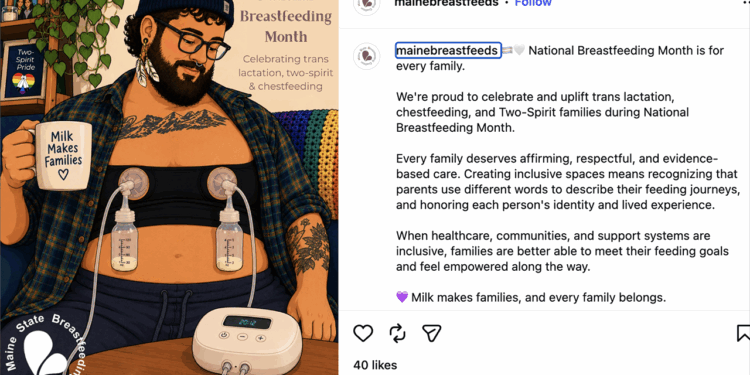 The Maine State Breastfeeding Coalition is supporting transgender lactation, suggesting males can feed babies. Pictured: a person with a beard uses a double breast pump while sitting on a couch. Text reads National Breastfeeding Month and Milk Makes Families. Pride flag colors and inclusive messaging are shown.