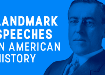 A blue-toned image with a serious man in a suit and text reading Landmark Speeches in American History in bold white letters.