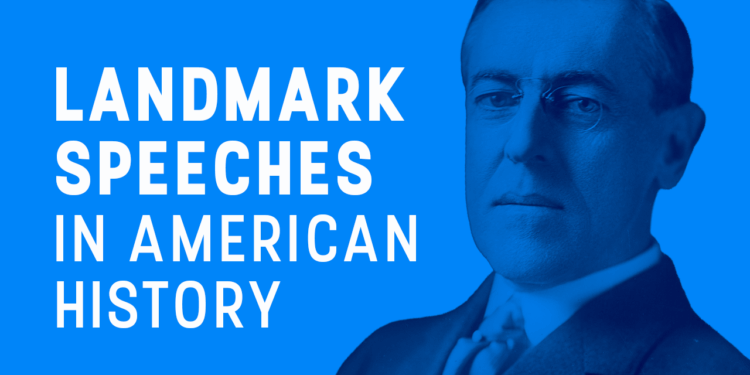 A blue-toned image with a serious man in a suit and text reading Landmark Speeches in American History in bold white letters.