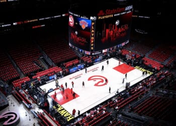 A general view of State Farm Arena prior to game three of the Eastern Conference first round playoffs between the Atlanta Hawks and the New York Knicks on April 23, 2026, in Atlanta, Georgia.
