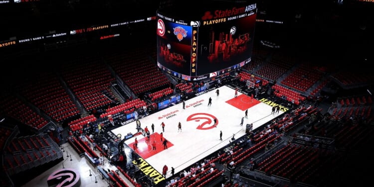 A general view of State Farm Arena prior to game three of the Eastern Conference first round playoffs between the Atlanta Hawks and the New York Knicks on April 23, 2026, in Atlanta, Georgia.