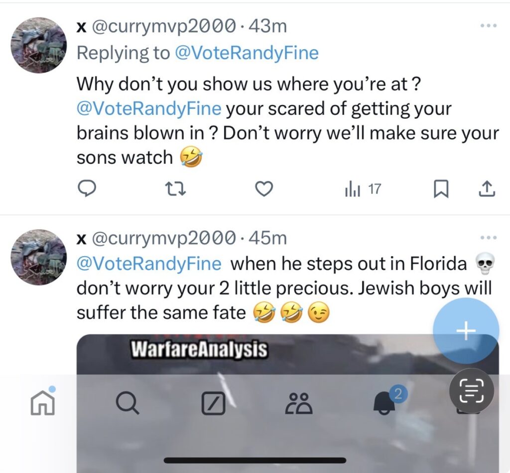 Screenshot of two offensive tweets containing death threats and hate speech directed at an individual and their children, referencing gun violence and making antisemitic remarks, with emojis accompanying the text.