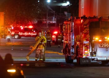 First responders work on the scene after a news helicopter crashed in Chatsworth, a suburban neighborhood of Los Angeles, California, on Sept. 15, 2026.