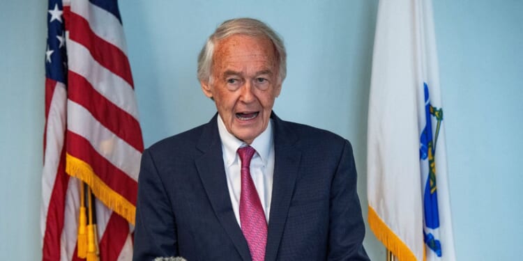 Sen. Ed Markey, a Democrat from Massachusetts, speaks during a news conference following the release of Massachusetts resident and former U.S. Marine Robert Gilman, in Boston on Aug. 11, 2026.