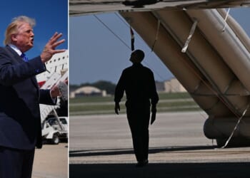 President Donald Trump speaks to reporters before boarding Air Force One Wednesday at Joint Base Andrews, Maryland. An emergency slide on the presidential aircraft, righ, deployed unexpectedly, causing a delay.