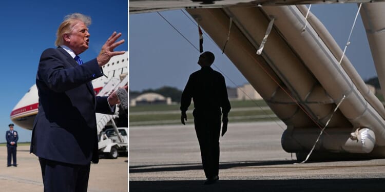 President Donald Trump speaks to reporters before boarding Air Force One Wednesday at Joint Base Andrews, Maryland. An emergency slide on the presidential aircraft, righ, deployed unexpectedly, causing a delay.