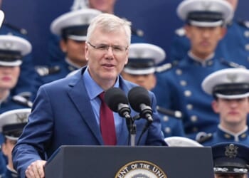 Secretary of the Air Force Troy Meink speaks during the 2026 graduation ceremony at the US Air Force Academy, in Colorado Springs, Colorado, on May 28, 2026.