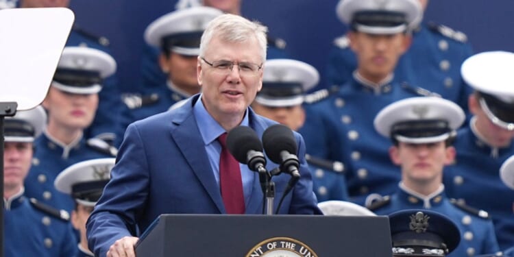 Secretary of the Air Force Troy Meink speaks during the 2026 graduation ceremony at the US Air Force Academy, in Colorado Springs, Colorado, on May 28, 2026.