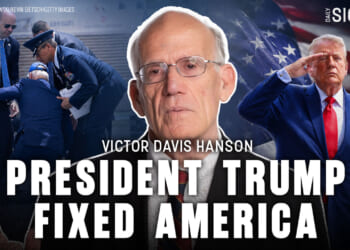 A collage with Victor Davis Hanson in the center, U.S. flag background, Donald Trump saluting, people helping a man up stairs, and bold text: President Trump Fixed America—showcasing the spirit of resilience and unity that defines America.