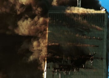 Smoke pours from the World Trade Center on Sept. 11, 2001 in New York City.