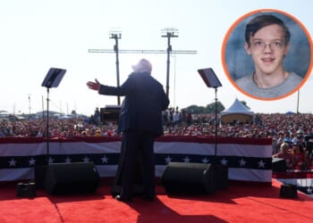 President Donald Trump speaks during a campaign rally in Butler, Pennsylvania, on July 13, 2024, shortly before would-be assassin Thomas Crooks (inset) began firing at him from a rooftop.