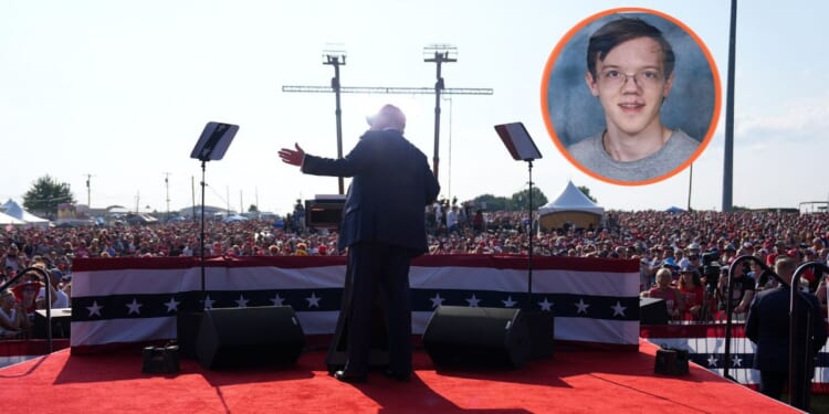 President Donald Trump speaks during a campaign rally in Butler, Pennsylvania, on July 13, 2024, shortly before would-be assassin Thomas Crooks (inset) began firing at him from a rooftop.