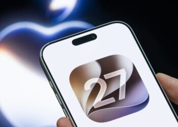 The iOs 27 logo is displayed on a phone screen above a screen displaying the Apple logo.