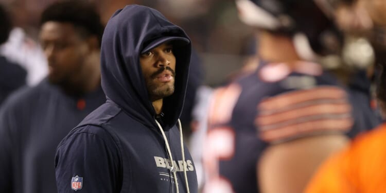 Caleb Williams #18 of the Chicago Bears looks on from the sidelines Monday during the third quarter of the game against the Philadelphia Eagles at Soldier Field in Chicago, Illinois.