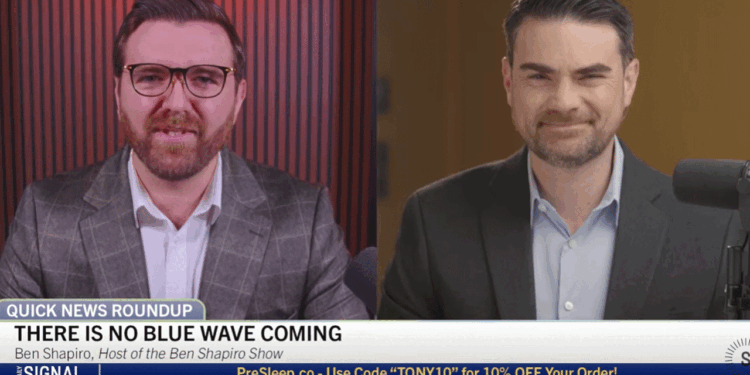 Two men in suits appear in a split-screen video call, deep in discussion about the upcoming midterms. The headline reads, THERE IS NO BLUE WAVE COMING. A banner below promotes a discount code for PreSleep.co.
