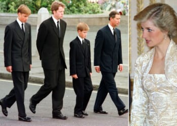 Royal family members, from left, the Duke of Edinburgh, Prince William, Charles Spencer, Prince Harry, and Prince Charles walk outside Westminster Abbey during the funeral service for Diana, Princess of Wales, on Sept. 6, 1997. At right, Diana is pictured in a 1988 photo.