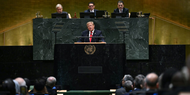 A man in a suit speaks at a podium with the United Nations emblem, addressing an audience. Four officials sit behind him on a raised platform in a large, formal assembly hall.