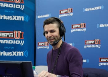 SiriusXM host Chris Spatola speaks during the NCAA Final Four radio broadcast on radio row at the Minneapolis Convention Center on April 5, 2019, in Minneapolis, Minnesota.