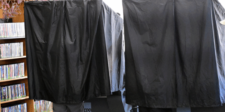 Two people stand inside separate curtained voting booths. The black curtains provide privacy, and bookshelves filled with DVDs are visible in the background.