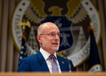 Federal Communications Commission commissioner Brendan Carr speaks during an open meting at the FCC headquarters in Washington on Feb. 18, 2026.