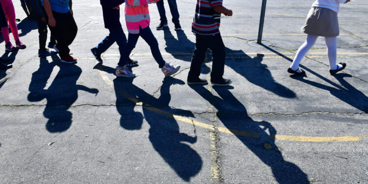A group of children walk together on a paved surface, casting long shadows in the sunlight. Only their legs and feet are visible, showing various outfits and shoes.