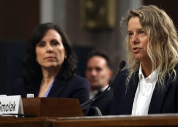Carly Smolak, right, former goalkeeper for the San Diego Spirit women’s professional soccer team, and Kim Jones, left, co-founder of the The Independent Council on Women's Sport (ICONS), testify Wednesday before the Senate Judiciary Committee in Washington, D.C.