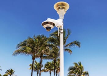 A security surveillance camera is pictured on Ocean Drive in Miami Beach, Florida.