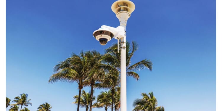A security surveillance camera is pictured on Ocean Drive in Miami Beach, Florida.