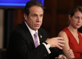 Then-New York Governor Andrew Cuomo, left, speaks at a 2020 news conference in New York City, accompanied by Secretary to the Governor Melissa DeRosa, right.