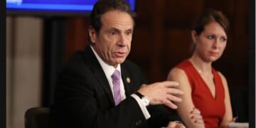 Then-New York Governor Andrew Cuomo, left, speaks at a 2020 news conference in New York City, accompanied by Secretary to the Governor Melissa DeRosa, right.
