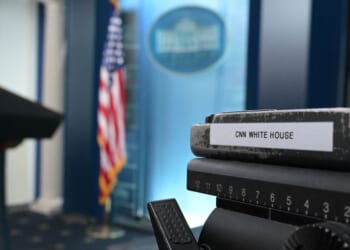 A CNN sticker is seen on some equipment in the James Brady press briefing room of the White House on Sept. 19, 2026 in Washington.