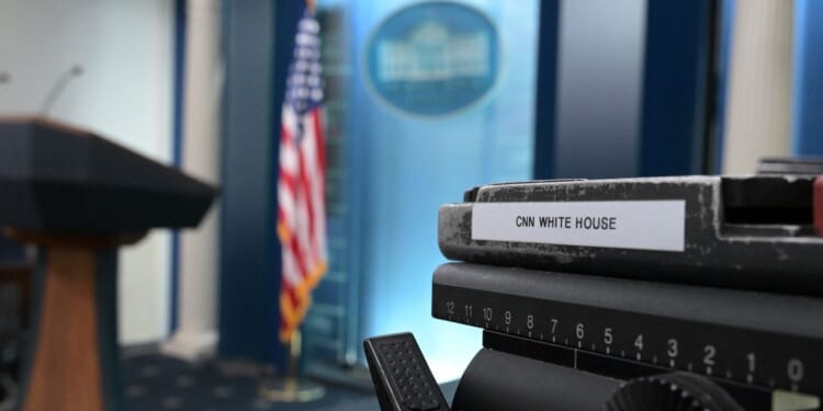 A CNN sticker is seen on some equipment in the James Brady press briefing room of the White House on Sept. 19, 2026 in Washington.