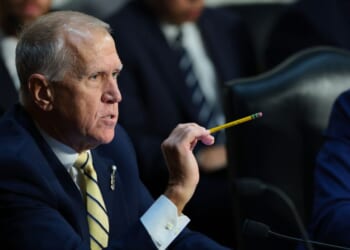 Sen. Thom Tillis speaks as members of the Senate Judiciary Committee gather to vote on the nomination of Todd Blanche to be U.S. Attorney General on Capitol Hill on Aug. 4, 2026, in Washington, D.C.