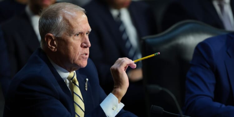 Sen. Thom Tillis speaks as members of the Senate Judiciary Committee gather to vote on the nomination of Todd Blanche to be U.S. Attorney General on Capitol Hill on Aug. 4, 2026, in Washington, D.C.